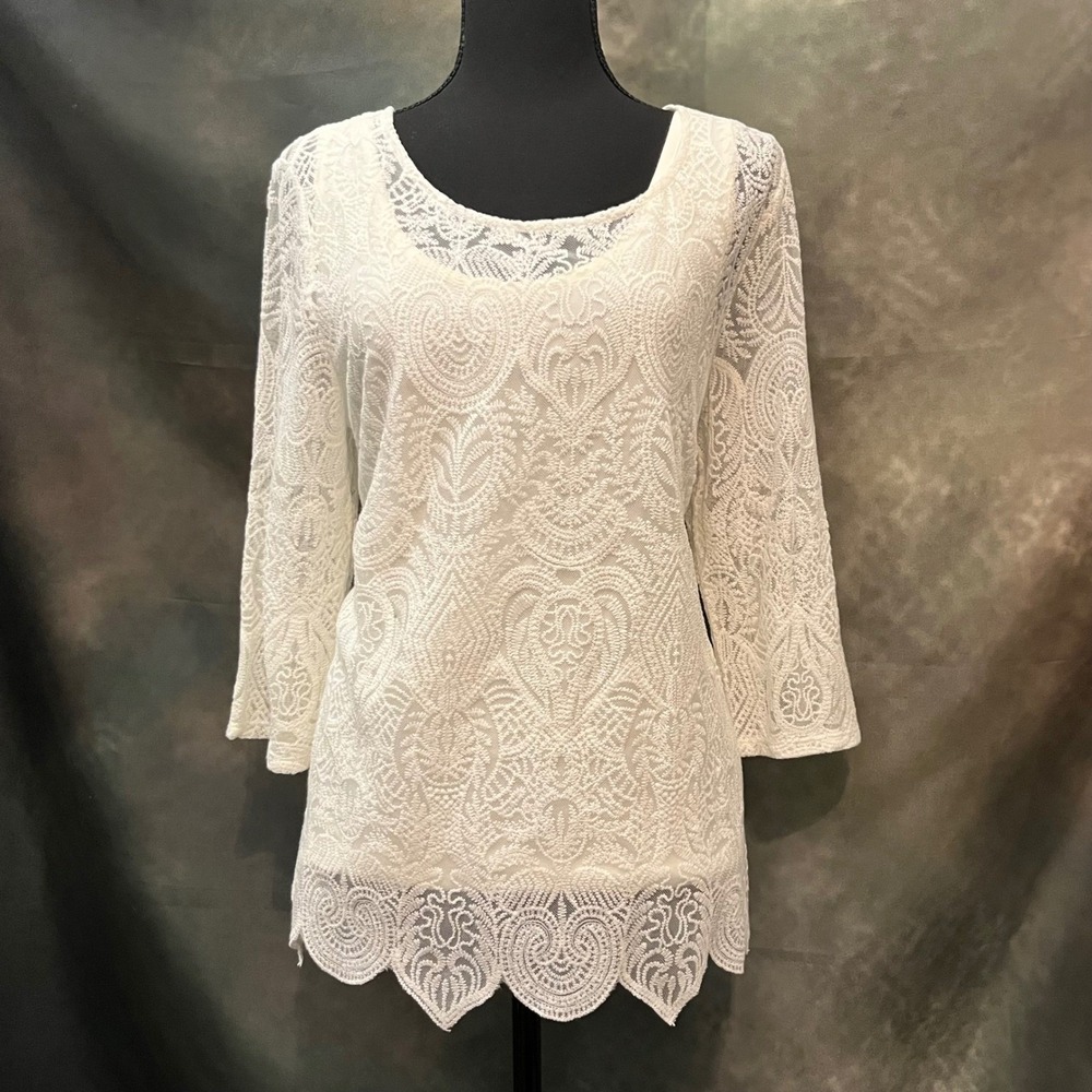 Tribal Jeans Cream Lace Sheer Bell Sleeve Tunic Top Size Large